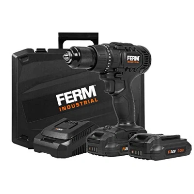 Imagen de FERM Taladro inalámbrico industrial, FI20 V, 50 Nm, motor de 4 pines, incluye 2 baterías 2,0 Ah y maletín almacenamiento