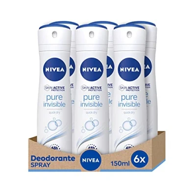 Imagen de NIVEA Pure Invisible spray desodorante 6 x 150 ml, refrescante que no deja residuos en la piel y ropa, protege durante 48 horas