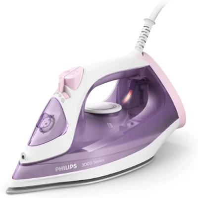 Imagen de Philips Plancha de vapor 3000 Series DST3010/30 2000 W, potencia constante 30 g/min, golpe 140 g, suela cerámica, vertical, color lila y blanco