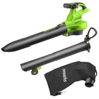 Imagen de Greenworks 40V Soplador Aspirador de Hojas a Batería con Motor SIN Escobillas,370 km/h, 14.17 m3/min, Bolsa Recogedora 45L y Cargador, Garantía 3 Años GD40BVII