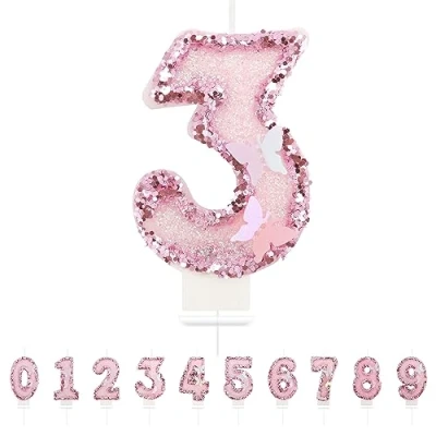 Imagen de velas de cumpleaños con números 3,3D mariposa, rosas, 3, decoración para tartas,