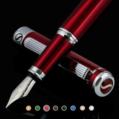 Imagen de Scriveiner Pluma Estilográfica Deep Crimson Red Plumilla (fina) y Convertidor Instalado, Incluye Dos Cartuchos de Tinta, Azul Negro