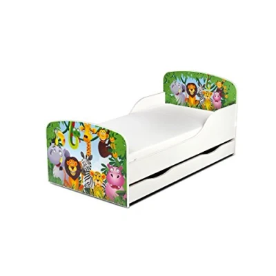 Imagen de Leomark Cama Infantil Completa de Madera Animales Zoo Marco Cama, Colchón, Somier, cajón, Blanco Muebles para Niños, Moderno Dormitorio, Impresa Mobiliario, Espacio Dormir: 140/70 cm