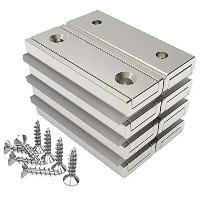 Imagen de Magnetpro 8 imanes rectangulares 20 kg fuerza 40 x 13,5 5 mm con orificio avellanado y cápsula, imán en recipiente de neodimio industrial doméstico tornillos