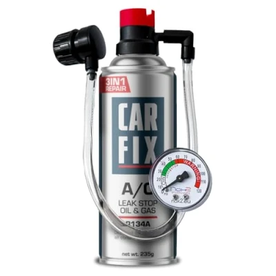 Imagen de gas refrigerante r134a para coche, kit recarga r134a, carga aire acondicionado coche 1 lata de 3en1 con manguera integrada y manómetro, 235 g