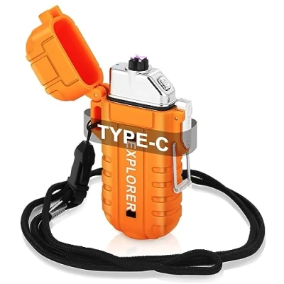Imagen de Mechero eléctrico, Kit de mecheros Doble Arco Resistente al Agua y Viento, USB Recargable con Linterna, Tipo C Encendedor Electrico para Camping, Senderismo, Equipo Supervivencia