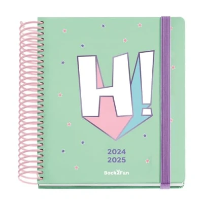 Imagen de Miquelrius Agenda Escolar 24 25, Septiembre 2024 a Junio 2025, Tamaño 155 x 180 mm, Día Página, Espiral Plástico Rosa,Cubierta Cartón Forrado, Cierre con Goma, Español Inglés Portugés, Back2Fun HI