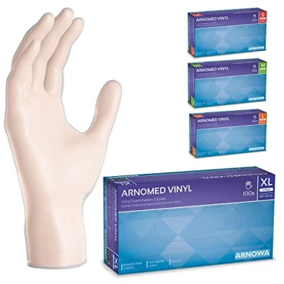 Imagen de ARNOMED guantes vinilo sin polvo talla XL, 100 unidades/caja, de polvo, transparentes, desechables, desechables S, M, L y XL