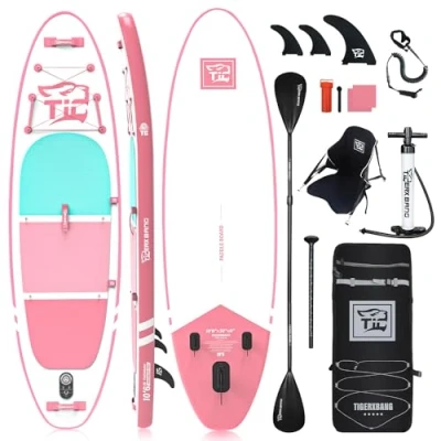 Imagen de Tabla Paddle Surf Hinchable TIGERXBANG Board 320x82x15cm con Accesorios Premium Sup, PadelSurf Stand Up Padding para Adultos/Niños Remo Doble Uso, Asiento Kayak,Defender Pro Rosado