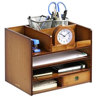Imagen de Navaris Organizador de escritorio bambú Accesorio sobremesa con compartimentos Caja para almacenaje material oficina 33 x 24 26 CM