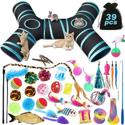 Imagen de YUTUY Juguetes para Gatos,39 Piezas Set di Gatos,Juguetes Gatos con Túnel Gatos,Palo de Gato Divertido,Ratones,Hierba Gatera,Bolas,Campanas,tumbler y Peces etc
