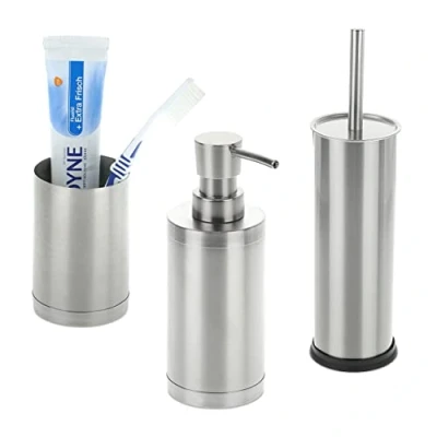Imagen de Relaxdays Set Baño Accesorios, 3 Piezas Acero Inoxidable, Vaso, Dispensador Jabón, Portaescobilla WC, Plateado