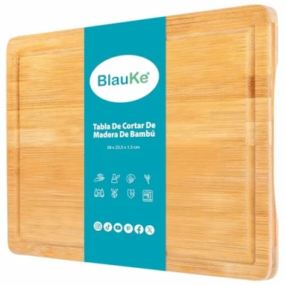 Imagen de Tabla de Cortar para Cocina, Madera Bambú (38x25cm) Bandeja Servir Comida, Carnes, Verduras, Quesos, Pan, Embutidos Cocina BlauKe®