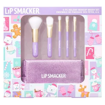 Imagen de Lip Smacker Holiday Makeup Brush Set, 6 Brochas de Maquillaje para Polvos Faciales, Rubor Cremoso, Sombras Ojos y Delineadores, Dentro la Bolsa