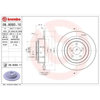 Imagen de BREMBO COATED DISC LINE 08.9093.11 Disco de freno 290 10 5 macizo revestido SUBARU: Legacy 3 Limousine, Outback II,