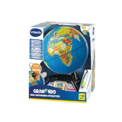 Imagen de VTech Giramondo Video globo terráqueo interactivo, mapamundi para niños con bolígrafo táctil y pantalla de 2,7 pulgadas, incluye 600 videos BBC, juegos educativos cuestionarios, idioma italiano,