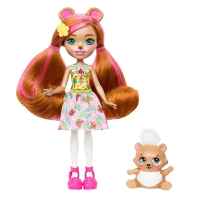 Imagen de Enchantimals Muñeca Beloxie Bear con coletas y falda mascota oso Fixie, juguete +4 años (Mattel HTP81)