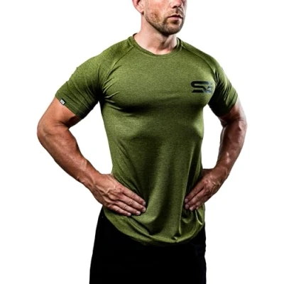 Imagen de Satire Gym Camiseta Ajustada Fitness Hombres/Ropa Deportiva de Secado rápido Hombre Apta como Culturismo y Gimnasio Entrenamientos (Verde Oliva Moteado, L)