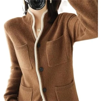 Imagen de VATIVA Mujer 100% Cachemira Jersey Otoño/Invierno Cuello Alto Cardigan Casual Knit Tops Chaqueta, Color caramelo., XL/XXL