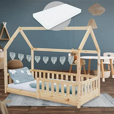 Imagen de ML Design Cama Infantil Natural con Colchón De Espuma Fría 80x160cm Protección Anticaída Techo Somier Estructura Listones Madera Maciza Pino para Niñas Y Niños Forma Casa Cuna Estable Juego