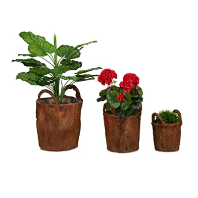 Imagen de Relaxdays Set 3 Jardineras de Hoja Palmera, Coco, Macetas Rústicas, Maceteros para Plantar, Tiestos Plantas, Natural, Hierro, 30 x 25 cm