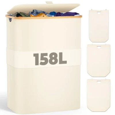 Imagen de OUSFOT Cesto para la Ropa sucia 158L con Tapa 3 Compartimentos y Asas de bambú Plegable Beige