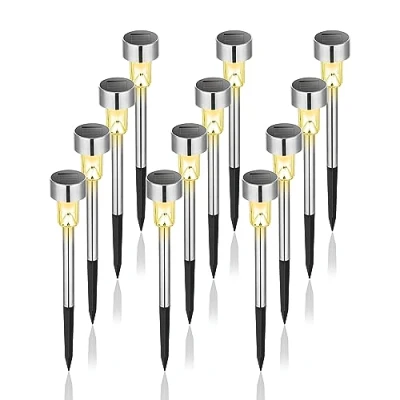 Imagen de GIGALUMI luces solares para el jardín, camino de LED exteriores, acero inoxidable, 12 unidades, (blanco cálido)