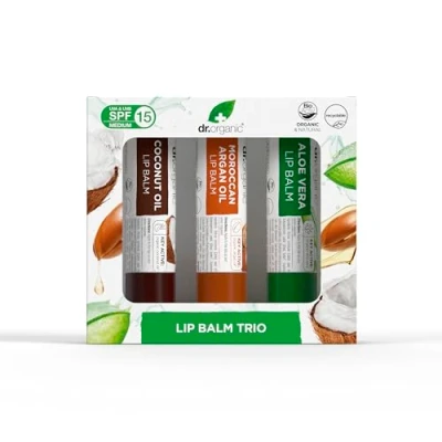 Imagen de Set de Bálsamos Labiales Dr Organic, SPF 15, Multipack Variado con Aloe Vera, Aceite Argán, Coco, Natural, Libre Crueldad, Sin Parabenos ni SLS, Orgánico, 5.7ml.