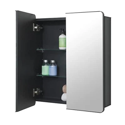 Imagen de Fundin Armario de baño aluminio negro con espejo 60 x 70 cm puerta redonda enmarcada y estantes cristal ajustables, empotrable o montaje en superficie