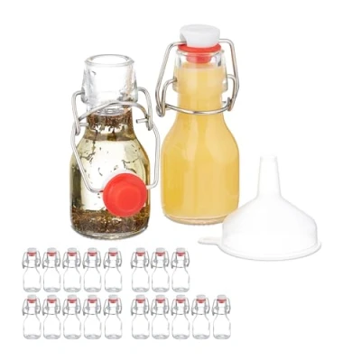 Imagen de Relaxdays Botellitas de Cristal, 50 ml, Mini Botellas para Rellenar Licor o Aceite, Tapa Mecánica, Transparente, Pack 20