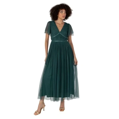 Imagen de Anaya with Love Women&#039;s Ladies Midaxi Dress V Neck Short Flutter Sleeve Ribbon A Line Tulle For Bridesmaid Wedding Guest Prom Ball Gown Vestido, Emerald Green, 48 para Mujer