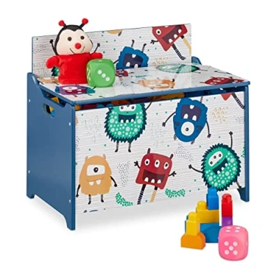 Imagen de Relaxdays Caja Juguetes Diseño Monstruos, Baúl Infantil Almacenaje con Tapa, Arcón Niños, 50x60x36,5cm, MDF, Azul/Blanco, Tablero de Fibras