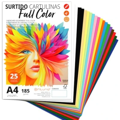 Imagen de Cartulina A4, Cartulinas de Colores, 185g/m2 para Manualidades, Educación, Hogar, Arte o Empresas, Colores A4 Surtidos Ofituria (25 Cartulinas, Surtido Full Color)