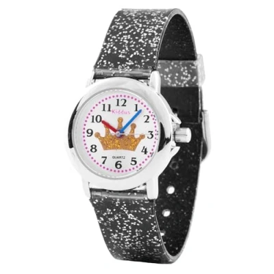 Imagen de Kiddus Relojes Niña con Purpurina. Reloj Ejercicios para Aprender la Hora. Infantil, Fácil de Leer. a Partir 4 Años. Corona Dorada, Correa Negra.
