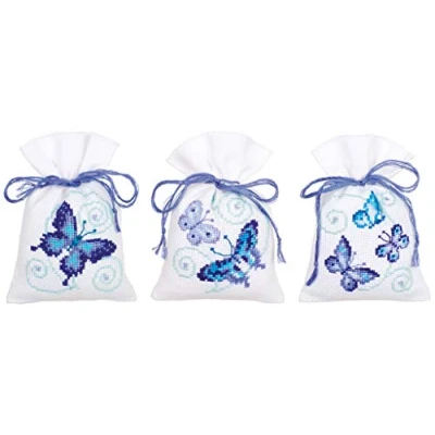 Imagen de Vervaco Kräutertütchen Blaue Schmetterlinge, 3er Set Kit de Punto Cruz contado: Bolsa popurrí: Mariposas Azules (Juego 3), Algodón, Blanc, Talla única