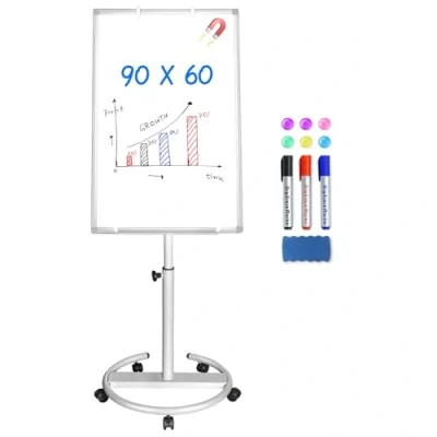 Imagen de maxtek Pizarra Blanca Con Soporte, 90 X 60 cm Caballete, Papel Para Rotafolio MóVil Gancho, MagnéTico Escribir, Altura Ajustable, 1 Borrador, 3 Marcadores Y 6 Imanes