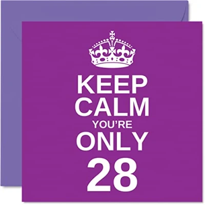 Imagen de Divertidas tarjetas de cumpleaños número 28 para hombres y mujeres Keep Calm Divertida tarjeta feliz hermano, hija, tío, hermana, hijo, tía, sobrino, primo, 145 mm,