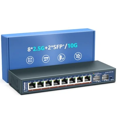 Imagen de Switch Ethernet No Gestionado de 10 Puertos 2,5G, 8 2,5G Base T, 2 x 10G SFP, Compatible con 100/1000/2500Mbps, Montaje en Parede, Red YuanLey 2,5Gbe para Ap Inalámbrico, NAS, PC