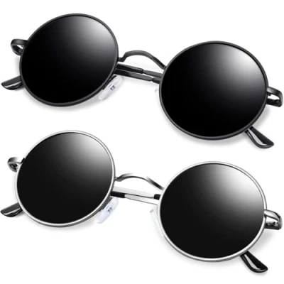 Imagen de KANASTAL 2 Pares Gafas de Sol Negras Redondas Polarizadas Hombres y Mujer UV400 Protección Retro Clásico Círculo Metálico Round Sunglasses + Plata Negro