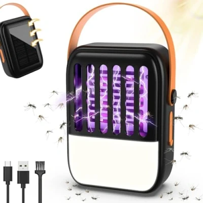 Imagen de Lampara Antimosquitos Exterior, 2 en 1 Solar Luz LED con Batería de 1200mAh USB Recargable Mata Mosquitos LED, para Jardín Interior Negro