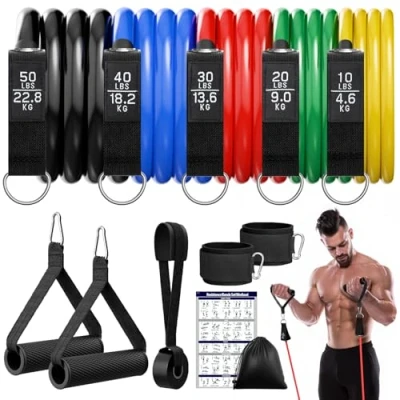 Imagen de Fokky Gomas Elasticas Musculacion, 5 Diferentes Niveles de Bandas Musculación Fitness con Anclaje para Puerta, Asas, Correa Tobillo, Ideal Pilates, Yoga, Desarrollo Muscular