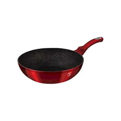 Imagen de BERLINGER HAUS Wok 30 cm, 3 capas granito mármol, mango ergonómico suave al tacto con protector gratuito, línea metálica Borgoña Edition