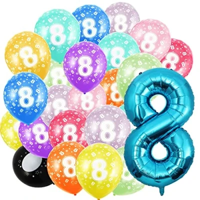 Imagen de Globo de cumpleaños con números 8 años y 20 globos 30 cm, azules en 40 a 101 decoración cumpleaños, número vuelo helio para hombres mujeres,