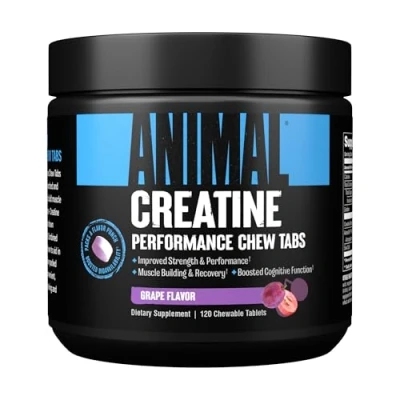 Imagen de Universal Nutrition ANIMAL CREATINE CHEWS (uva) con 5g de Monohidrato creatina y Sal Marina: fácil absorción, mejora el bombeo entrenamiento, 120 tabletas masticables
