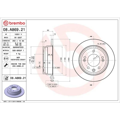 Imagen de BREMBO 08.A869.21 Disco de freno 262 10 5 macizo revestido con tornillos KIA: Optima / K5, K5 Berlina, HYUNDAI: SONATA V, 6
