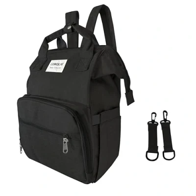 Imagen de CORQUAT Mochila pañalera con diferentes espacios de almacenamiento y correas para el cochecito, ideal llevar tu cambiador bebe portatil, funcional bolso carro bebe. (Negro)