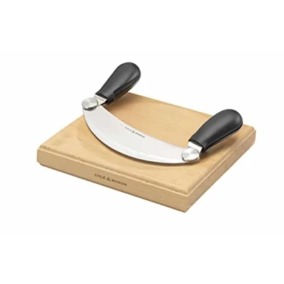 Imagen de Cole &amp; Mason H105549 Woodhall Hachoir y Tabla de Cortar, Tablero Corte Para Hierbas Especias con Mezzaluna, Madera/Acero Inoxidable, Apto Lavavajillas (Solo Cuchillo)