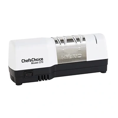 Imagen de Chef&#039;s Choice Cuchillo híbrido de diamante que combina afilado eléctrico y manual para cuchillos rectos dentados 20 grados, 3 etapas, color blanco