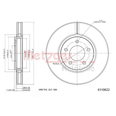 Imagen de METZGER 6110622 Disco de freno Eje delantero 301,8 28 5 114,3 ventilación interna barnizado, Lijado en cruz CHRYSLER: VOYAGER 4