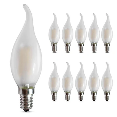 Imagen de BELINGGO Bombillas LED E14 regulables para candelabro, 4W 2700K, blanco cálido y suave, 400 lúmenes,punta doblada en forma de llama vidrio esmerilado C35, paquete 10 unidades